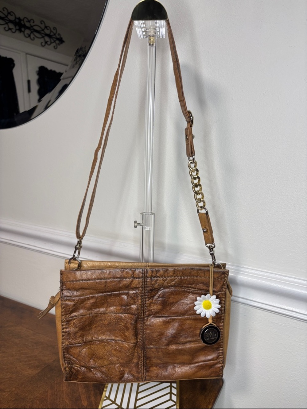 THE SAK distressed brown leather crossbody bag with daisy charm - Picture 2 of 15